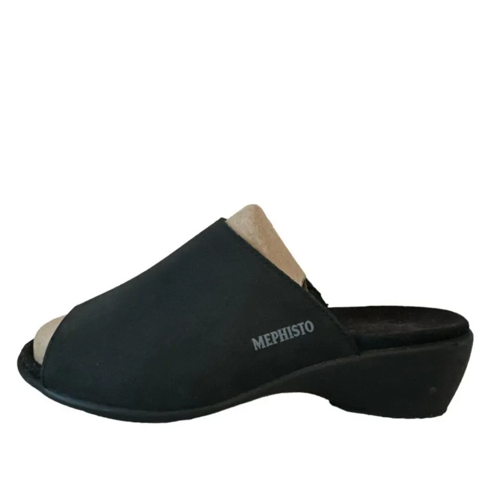 Mephisto Black Leather Nubuck Wedge Slip On Sandal Womens sz EU 40 US 10 Comfort